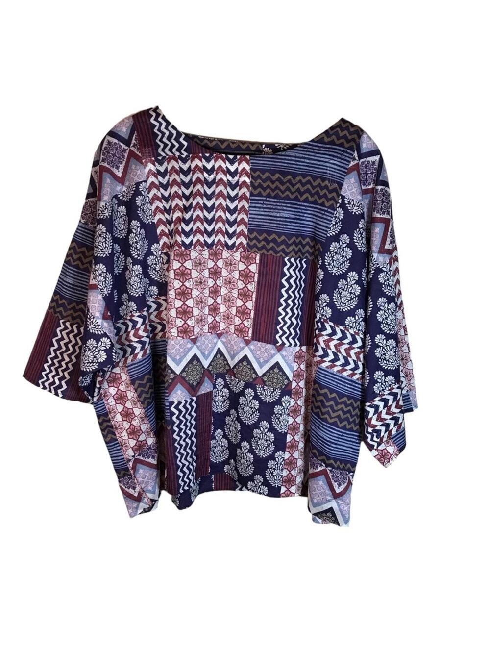 Pure Jill top women M patchwork lightweight 3/4 sleeve organic loose fit hippie